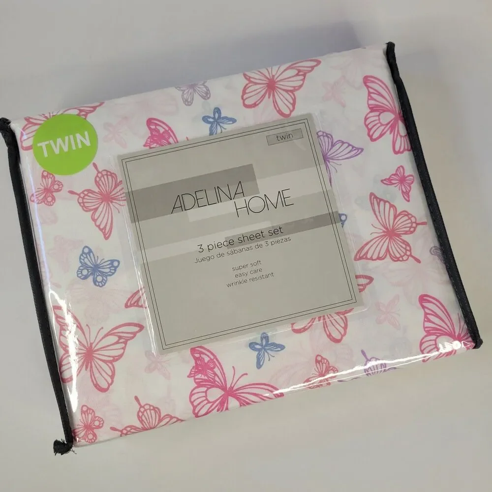 Pink Purple Blue White Butterflies 3 pc Twin Sheets Set Girls Butterfly Spring